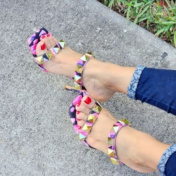 Women's Pink Studded High Heel Square Open Toe Shoes - Picture 4 of 6